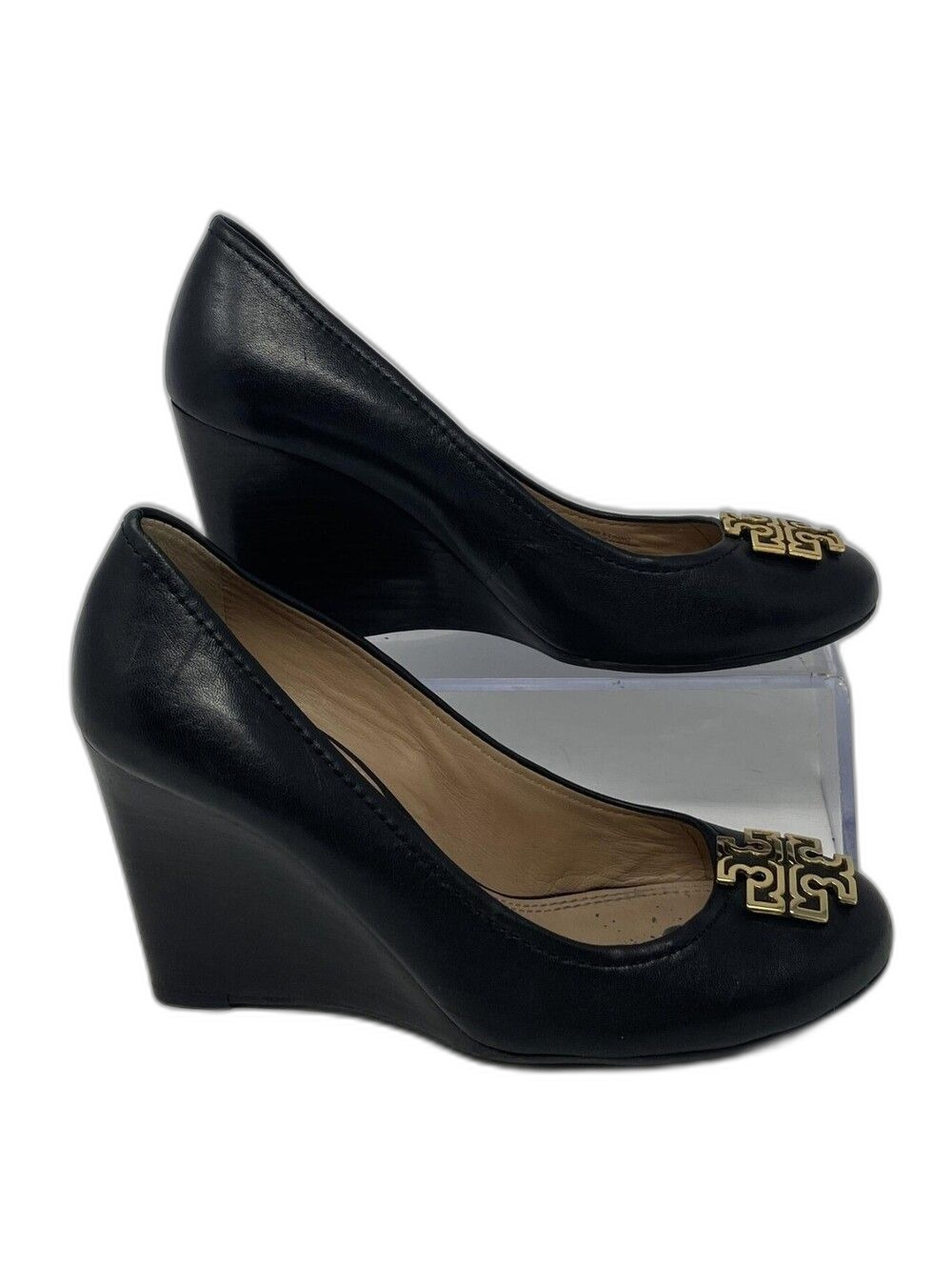 Authentic Tory Burch Womens Black Leather Wedge Pump Heels Size 6.5M Worn